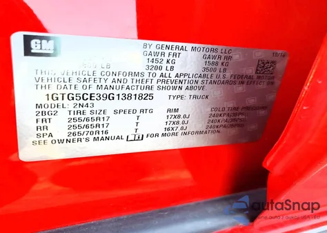 2016 GMC Canyon Sle z USA, uszkodzony, nr VIN 1GTG5CE39G1381825